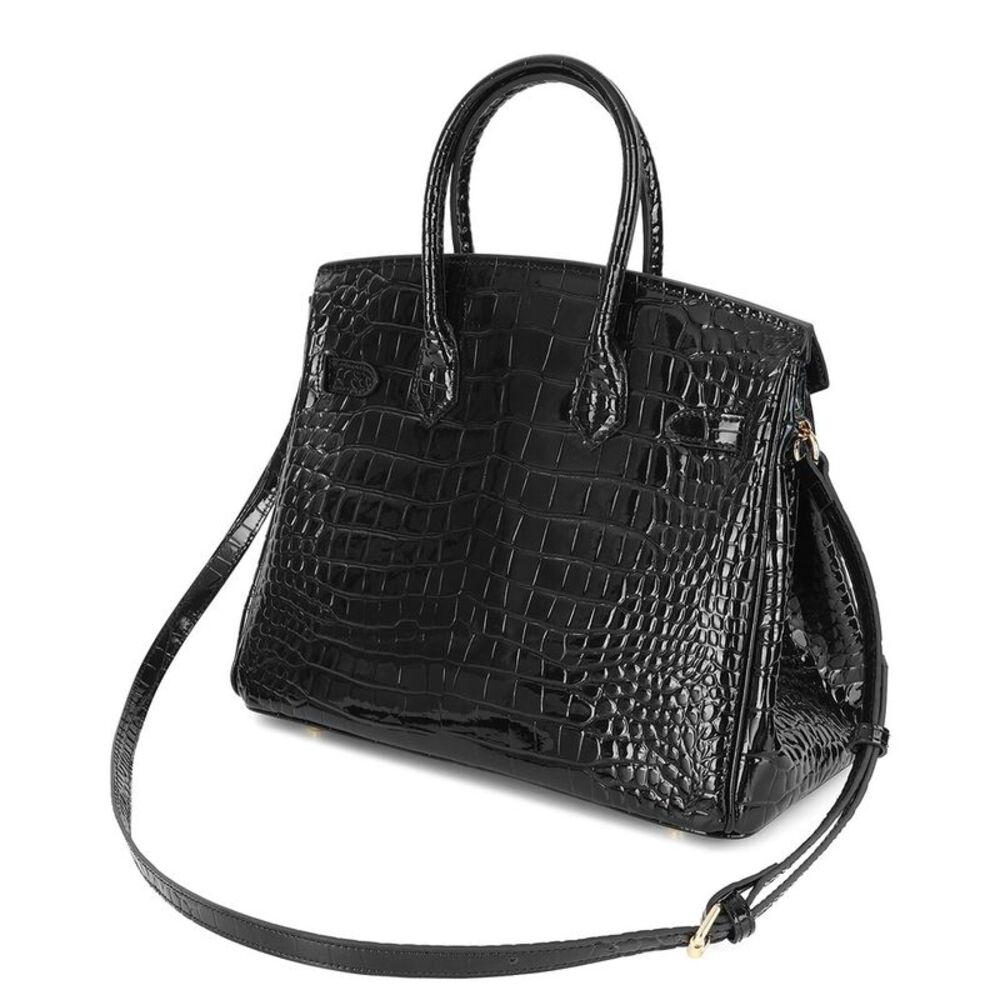 Classic Black Croc-Embossed Satchel with Gold Hardware - Picture 2 of 11